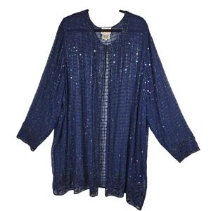 Gunit Fashions Navy Blue Beaded Sequin Open Front Duster Jacket Plus Size 4X